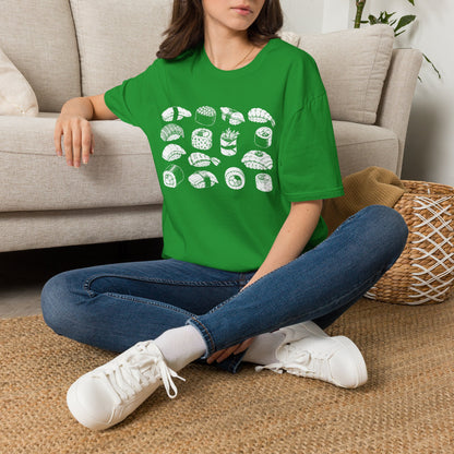 Sushi Pattern T-Shirt — White Hand-Drawn Sushi Icons Tee