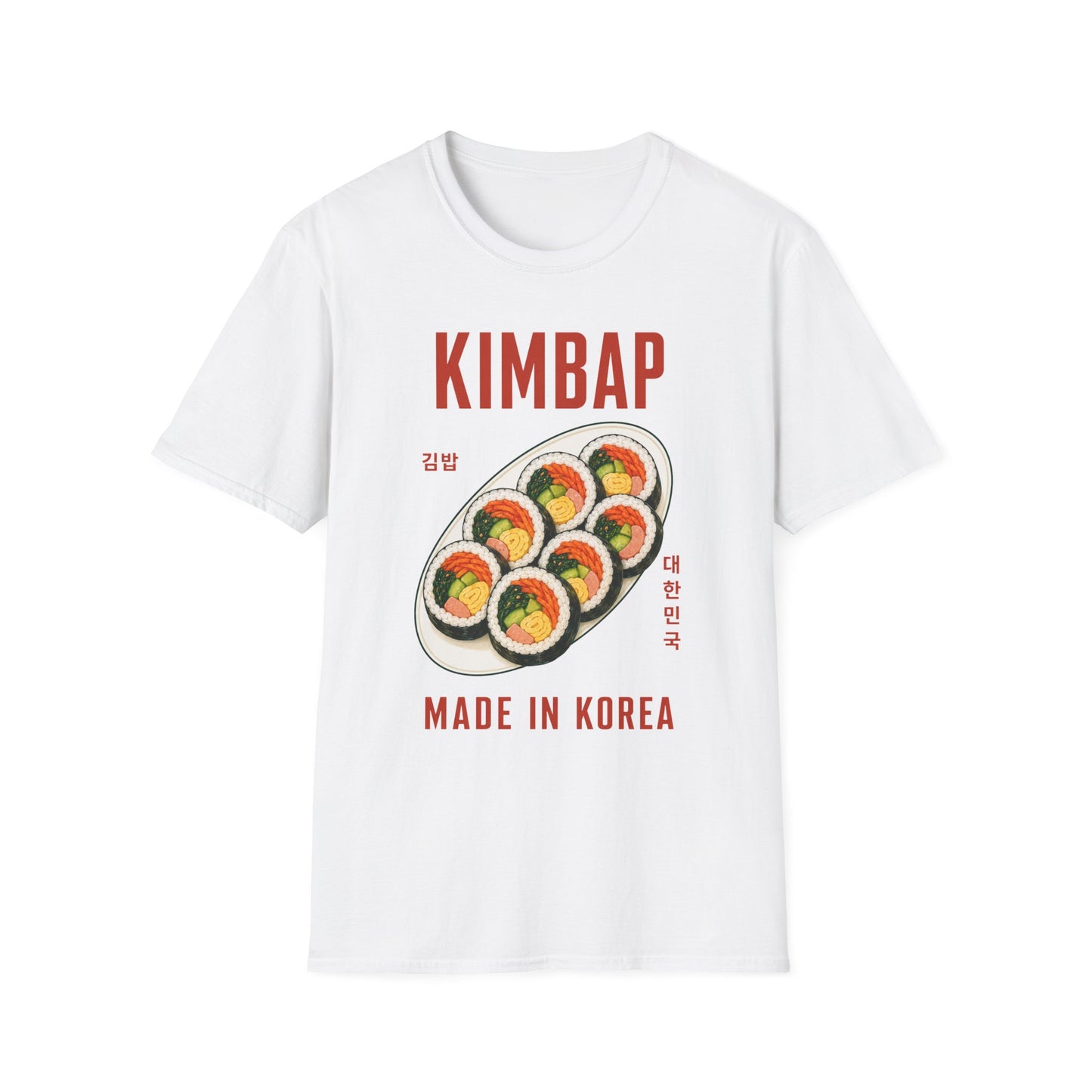 Kimbap T-Shirt — Retro Korean Food Graphic Tee ("KIMBAP" with Made in Korea Roll Art)