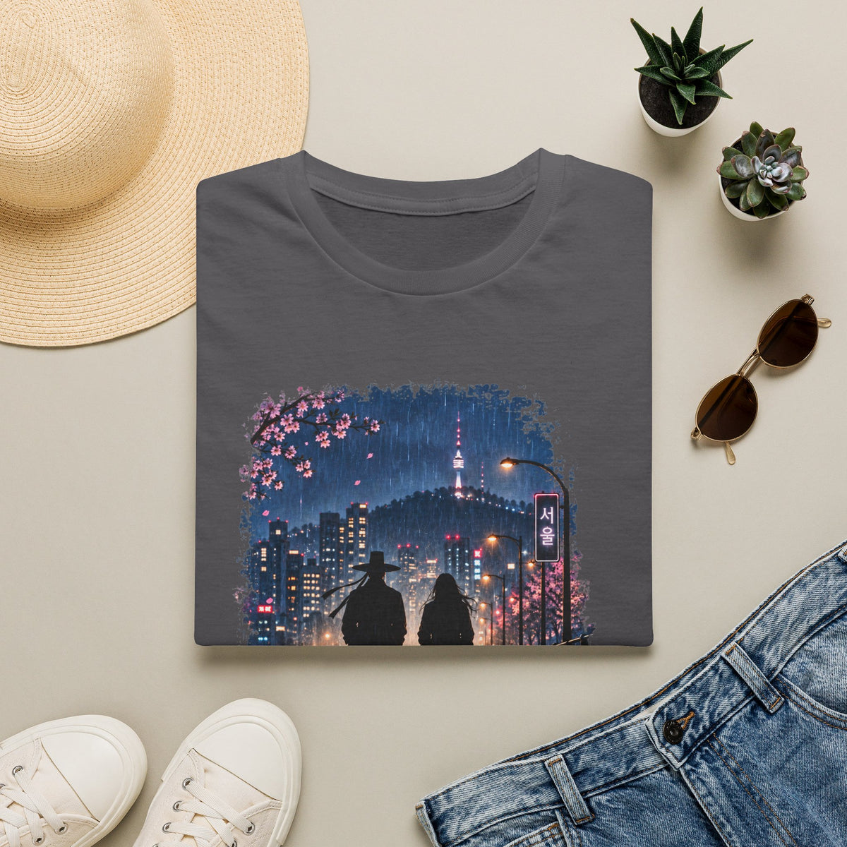 Romantic Night Stroll T-Shirt — Couple Silhouette Under Cherry Blossoms