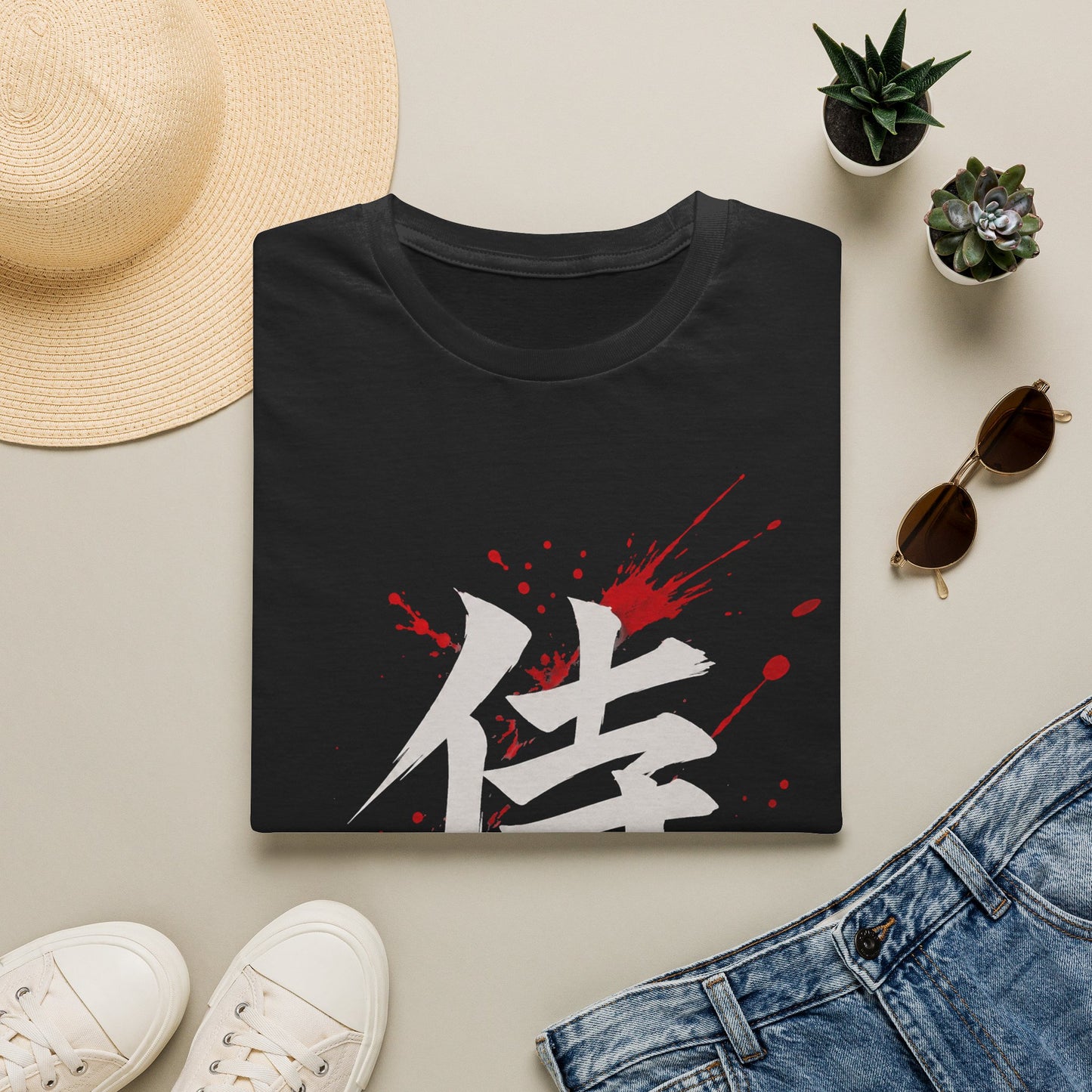 Samurai Kanji T‑Shirt — Bold White Character with Red Blood Splatter Graphic