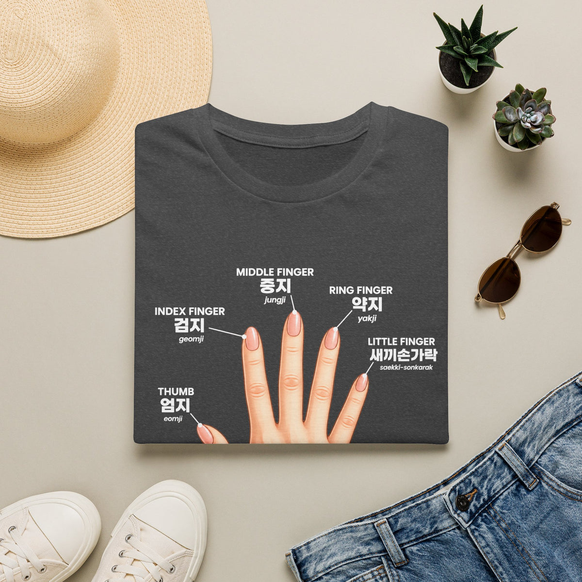 Korean Finger Labels T-Shirt — Hand Anatomy Graphic Tee (Index, Middle, Ring, Pinky, Thumb)