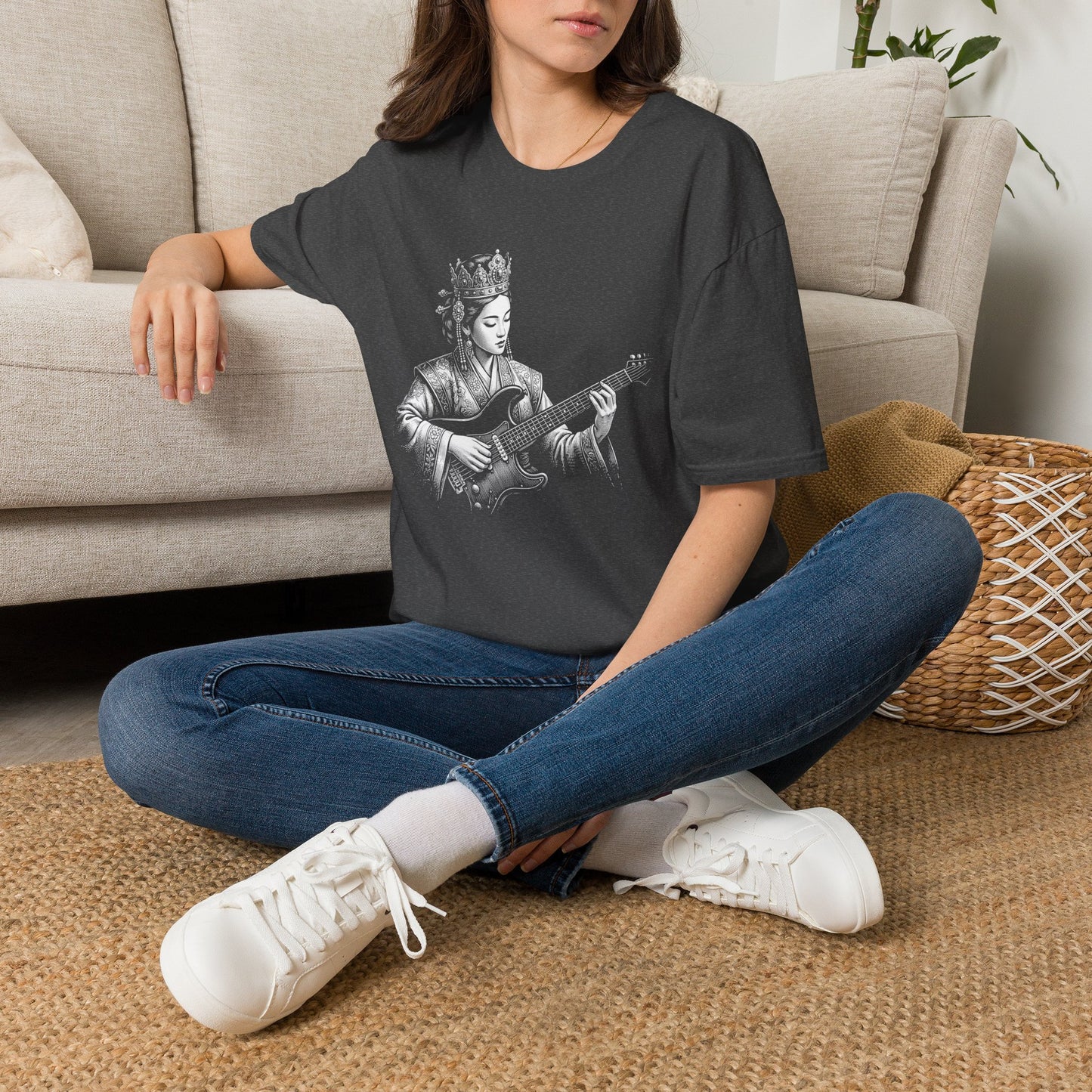 Queen Guitarist T‑Shirt — Regal Woman Playing Electric Guitar Tee
