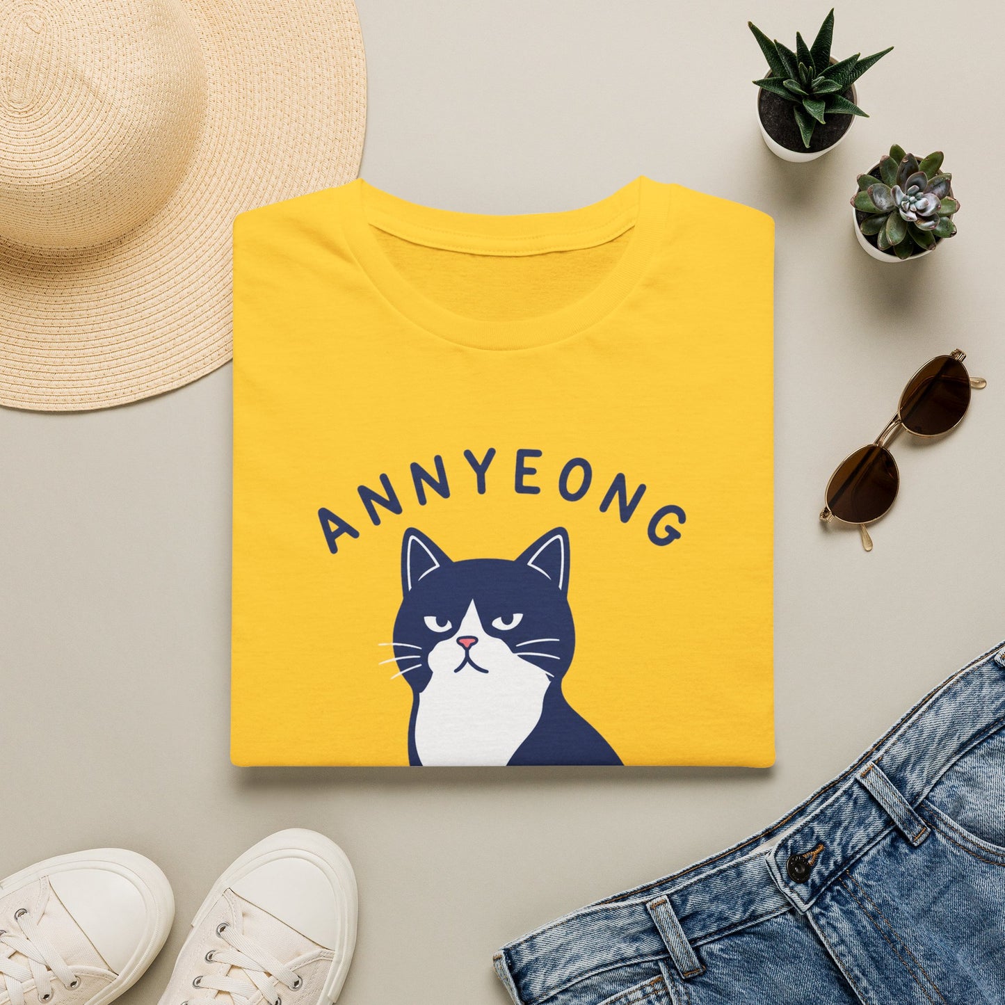 Annyeong Cat T-Shirt — Cute Korean Greeting Cat Graphic Tee ("Annyeong Meowseyo")