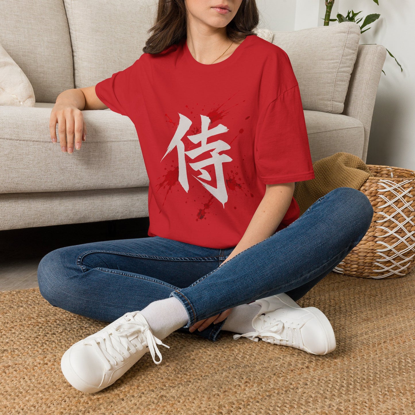 Samurai Kanji T‑Shirt — Bold White Character with Red Blood Splatter Graphic