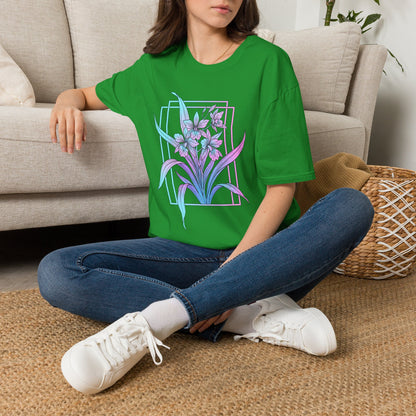 Floral Pastel Iris Tee — Botanical Purple & Teal Graphic T-Shirt