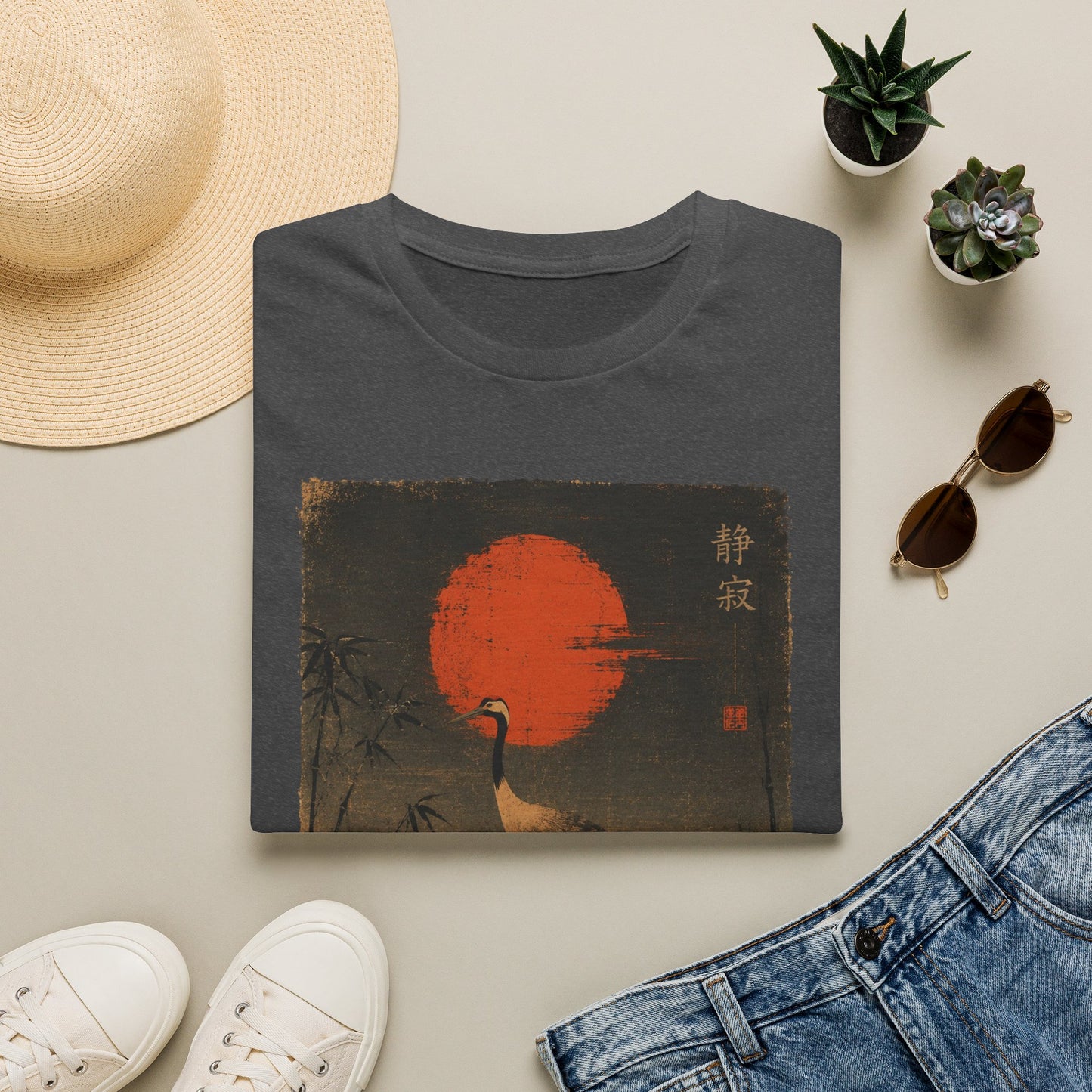 Crane & Red Sun T-Shirt — Japanese Vintage Sunset Tee