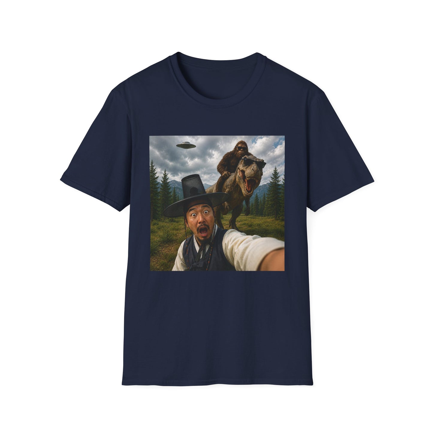 Funny Bigfoot Selfie T-Shirt — UFO, T-Rex & Sasquatch Wilderness Tee