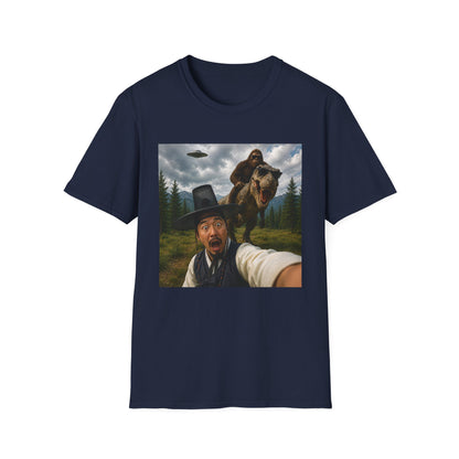 Funny Bigfoot Selfie T-Shirt — UFO, T-Rex & Sasquatch Wilderness Tee