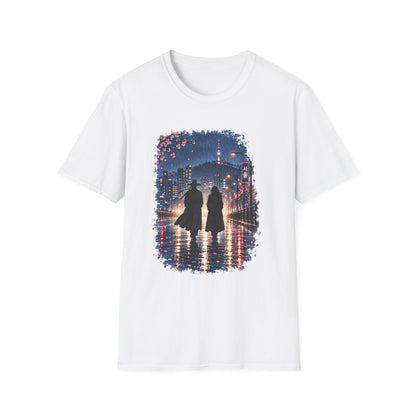 Romantic Night Stroll T-Shirt — Couple Silhouette Under Cherry Blossoms