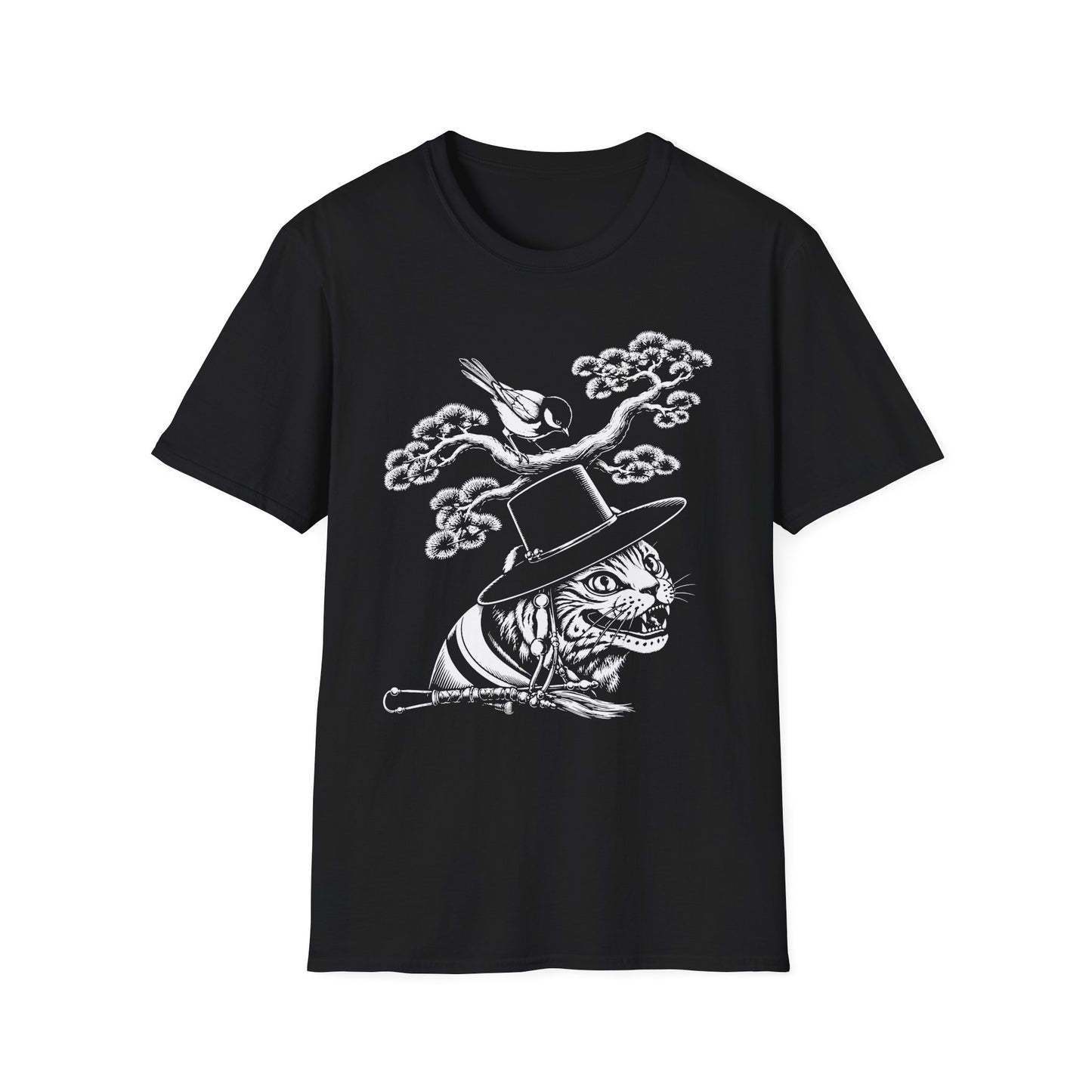 Cat in Top Hat T-Shirt — Whimsical Noir Cat & Bird Graphic Tee