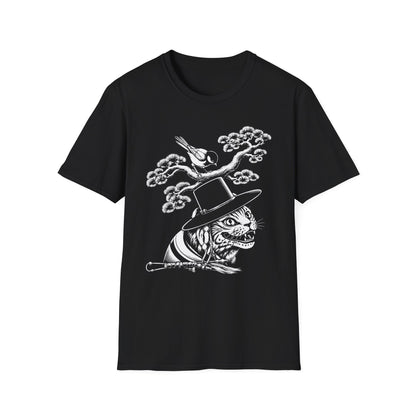 Cat in Top Hat T-Shirt — Whimsical Noir Cat & Bird Graphic Tee