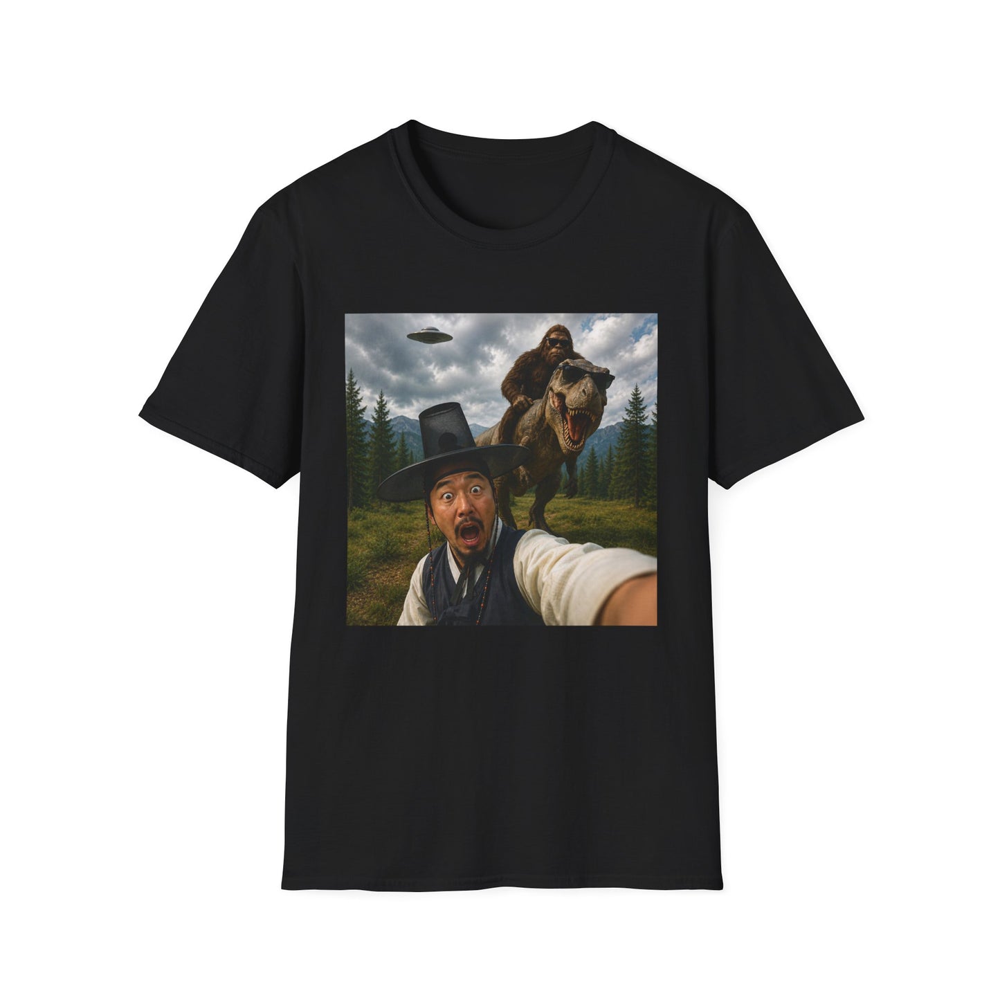 Funny Bigfoot Selfie T-Shirt — UFO, T-Rex & Sasquatch Wilderness Tee