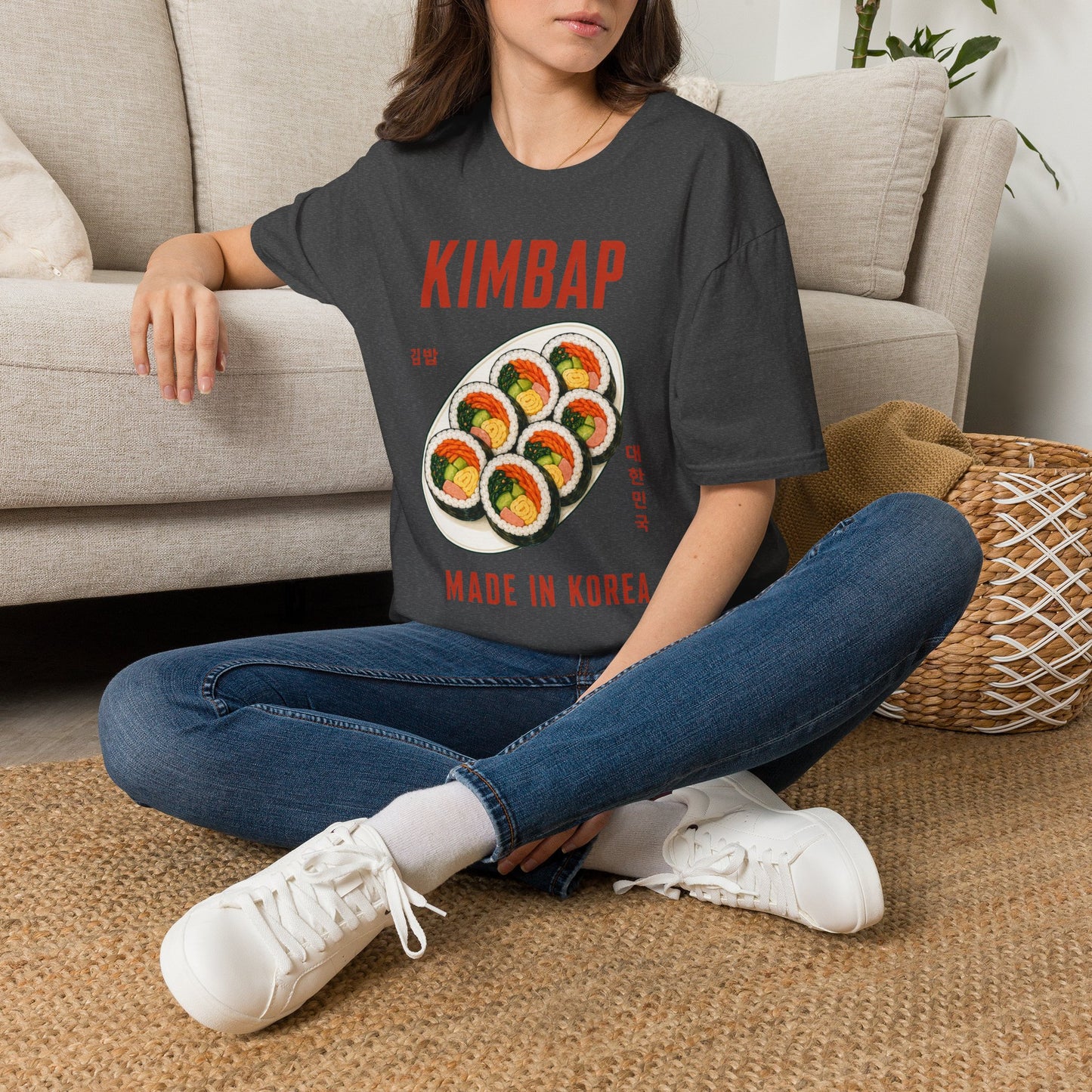 Kimbap T-Shirt — Retro Korean Food Graphic Tee ("KIMBAP" with Made in Korea Roll Art)