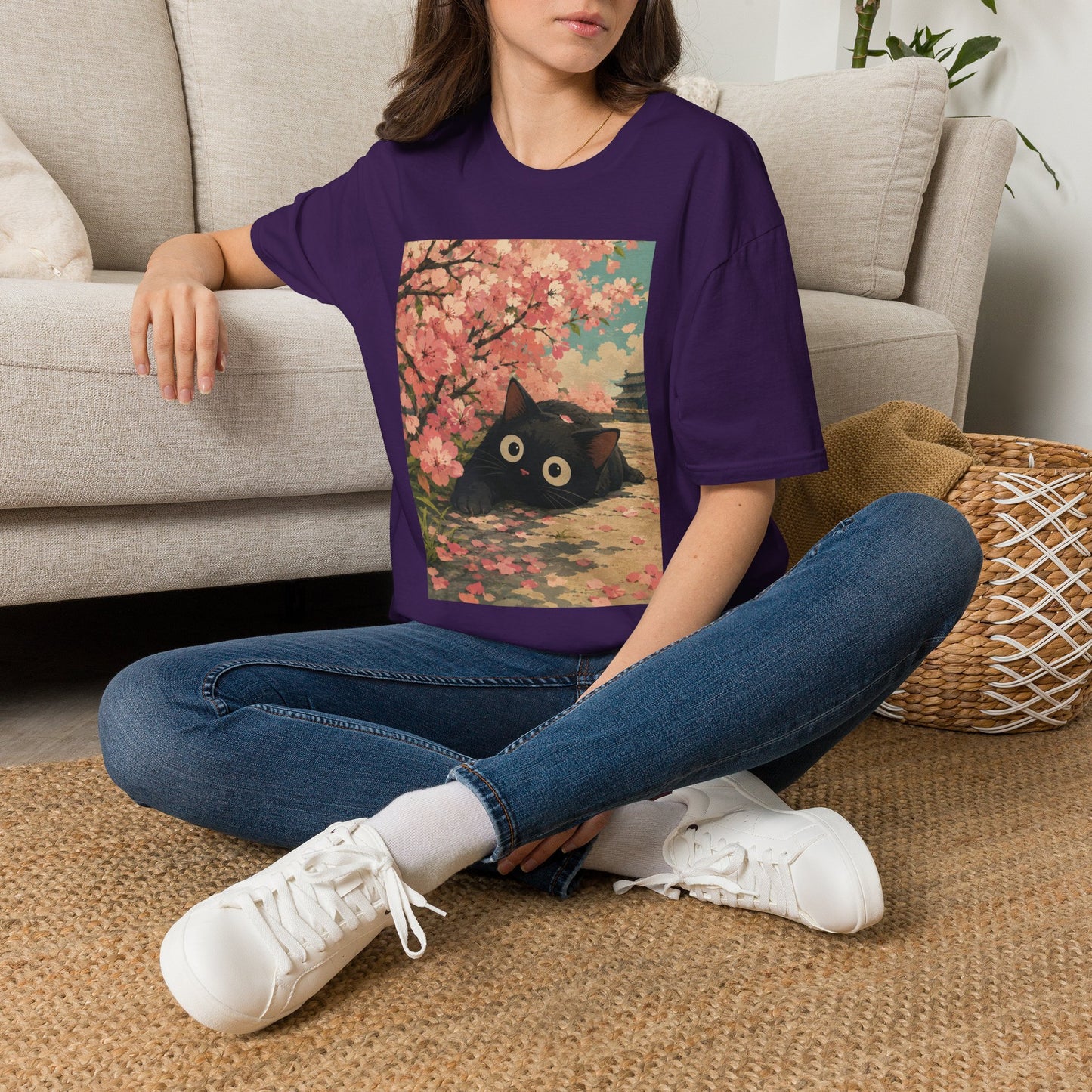 Cherry Blossom Cat T-Shirt — Cute Black Cat Under Sakura Scene