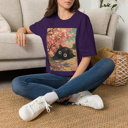 Cherry Blossom Cat T-Shirt — Cute Black Cat Under Sakura Scene