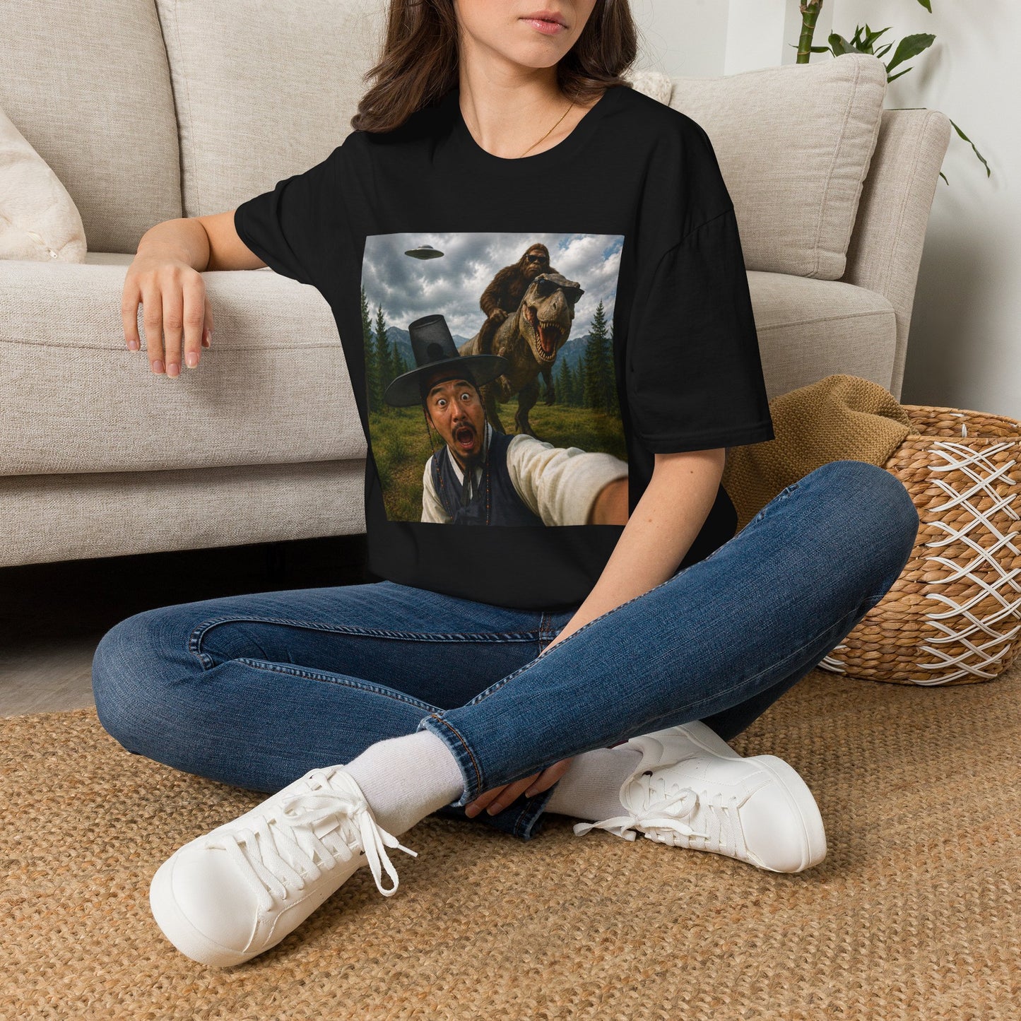 Funny Bigfoot Selfie T-Shirt — UFO, T-Rex & Sasquatch Wilderness Tee