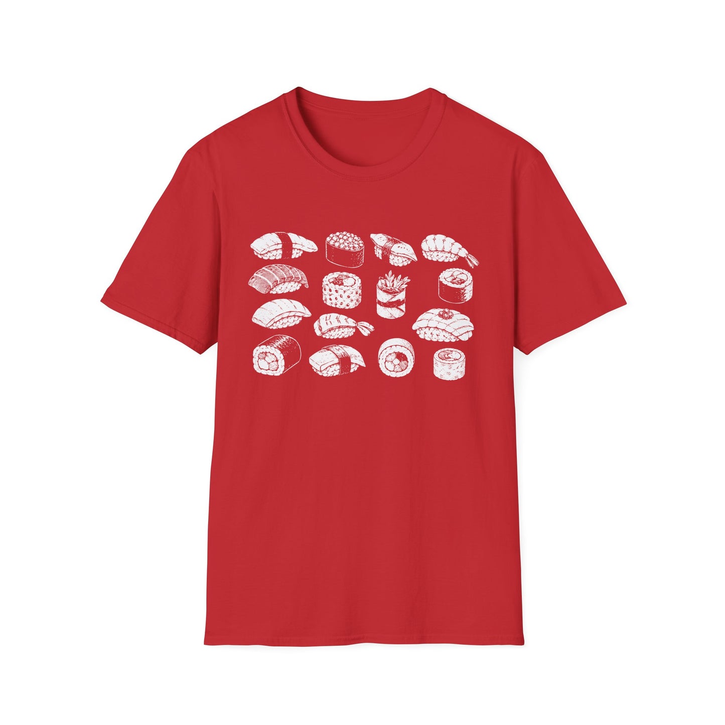 Sushi Pattern T-Shirt — White Hand-Drawn Sushi Icons Tee