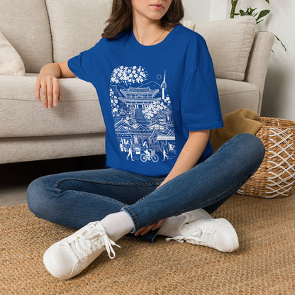 Korean Temple & Cherry Blossom T-Shirt — Seoul Pagoda Skyline Tee