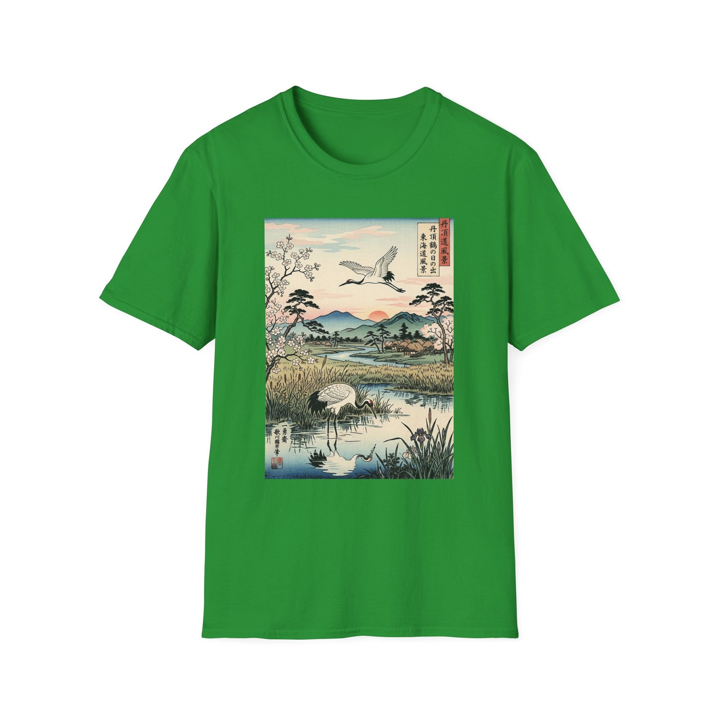 Japanese Crane Print T-Shirt — Vintage Ukiyo-e Landscape Tee