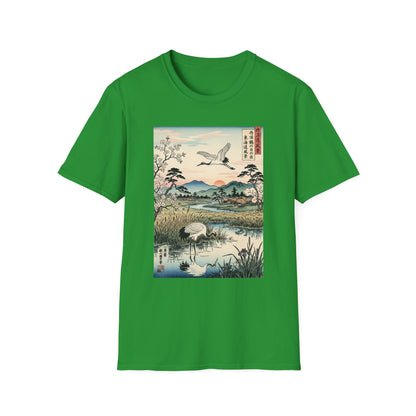 Japanese Crane Print T-Shirt — Vintage Ukiyo-e Landscape Tee
