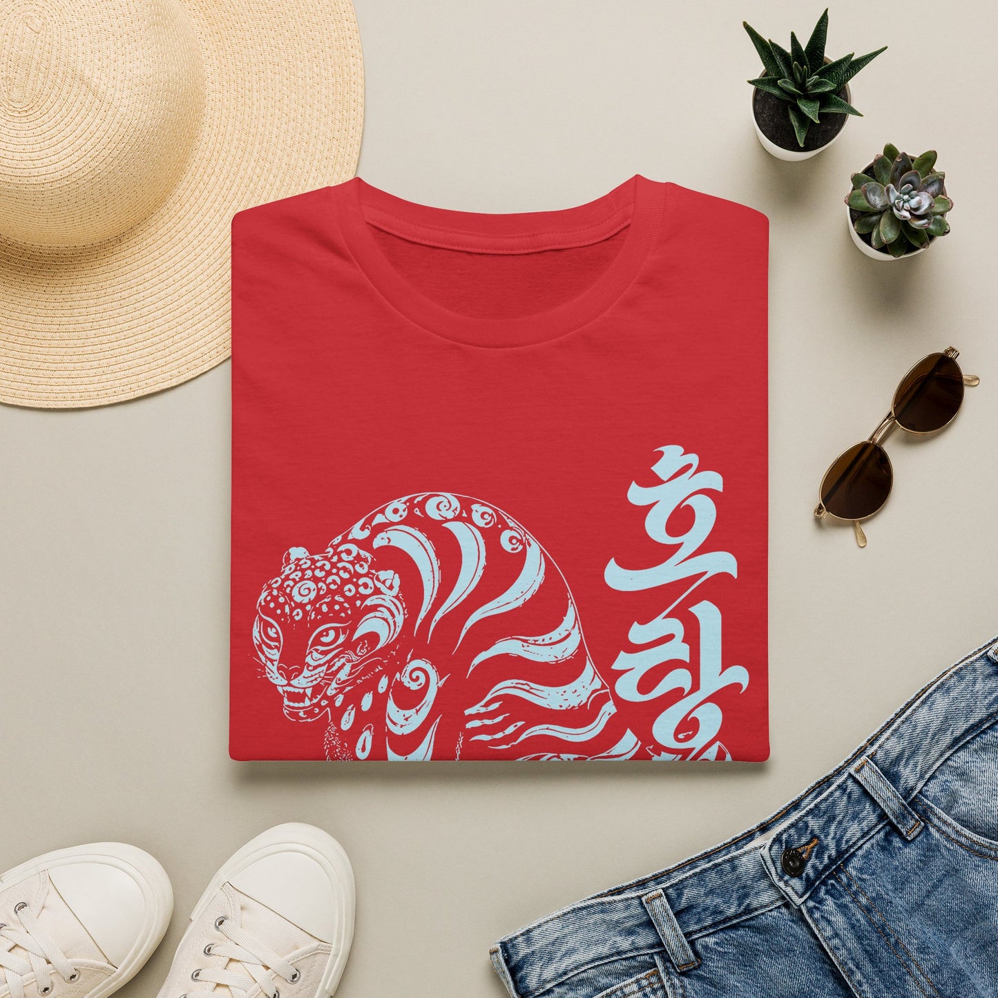 Korean Tiger Graphic T‑Shirt — Stylized Blue Tiger with Hangul Accent