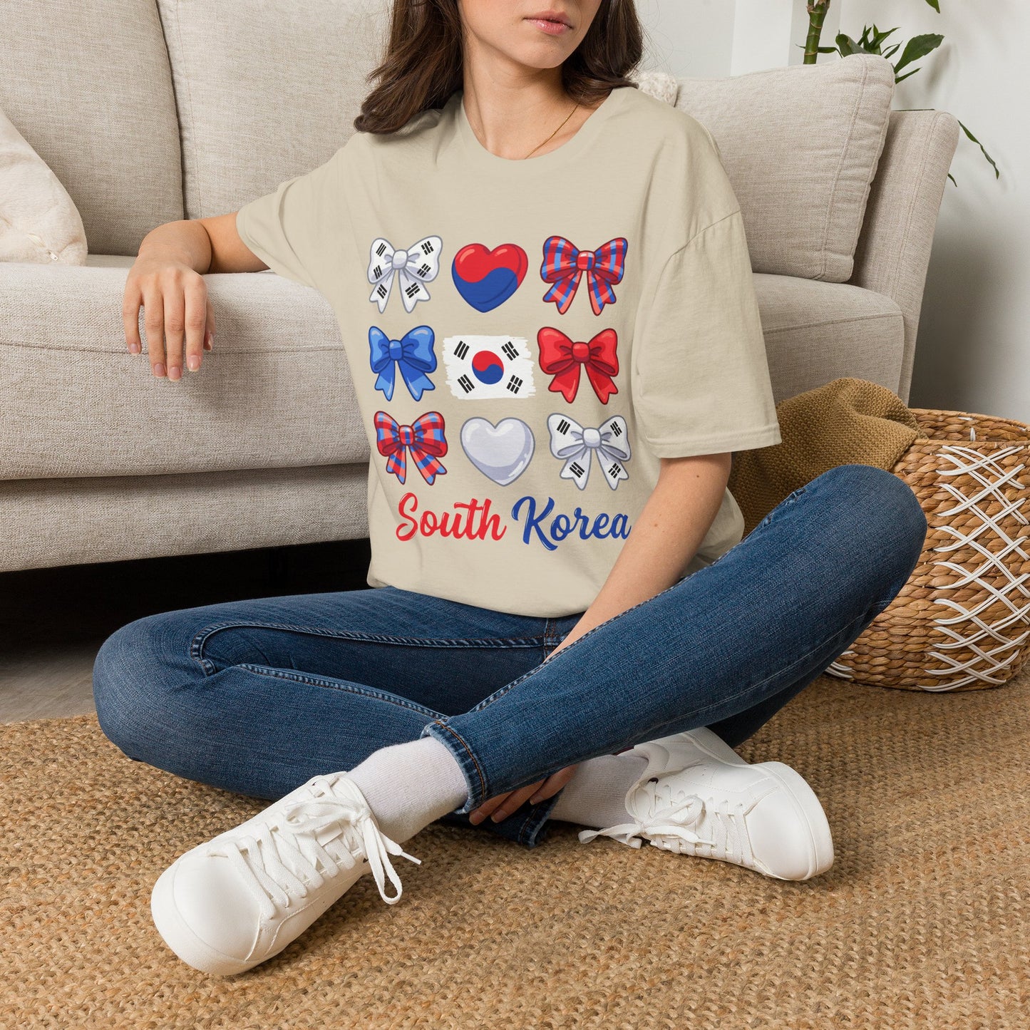 South Korea Bow Graphic T‑Shirt — Korean Flag Heart & Ribbon Design