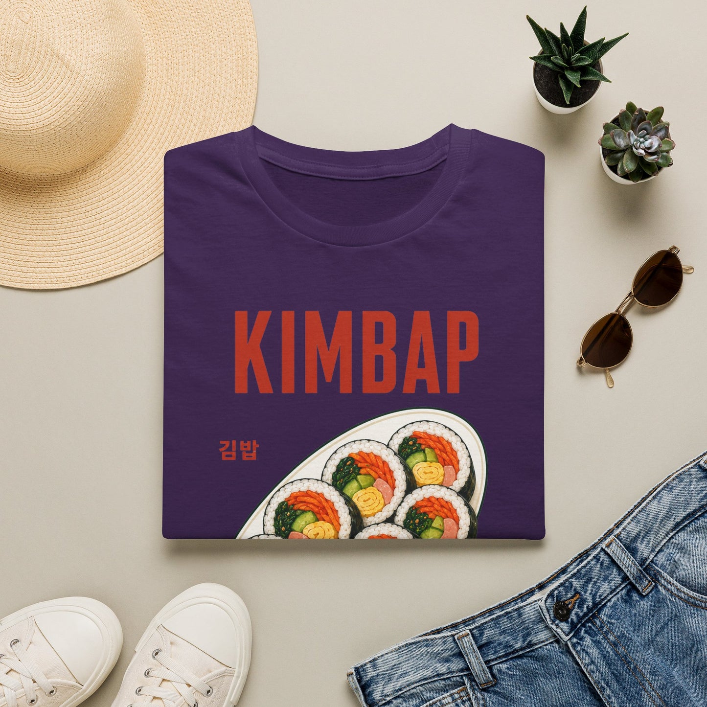 Kimbap T-Shirt — Retro Korean Food Graphic Tee ("KIMBAP" with Made in Korea Roll Art)