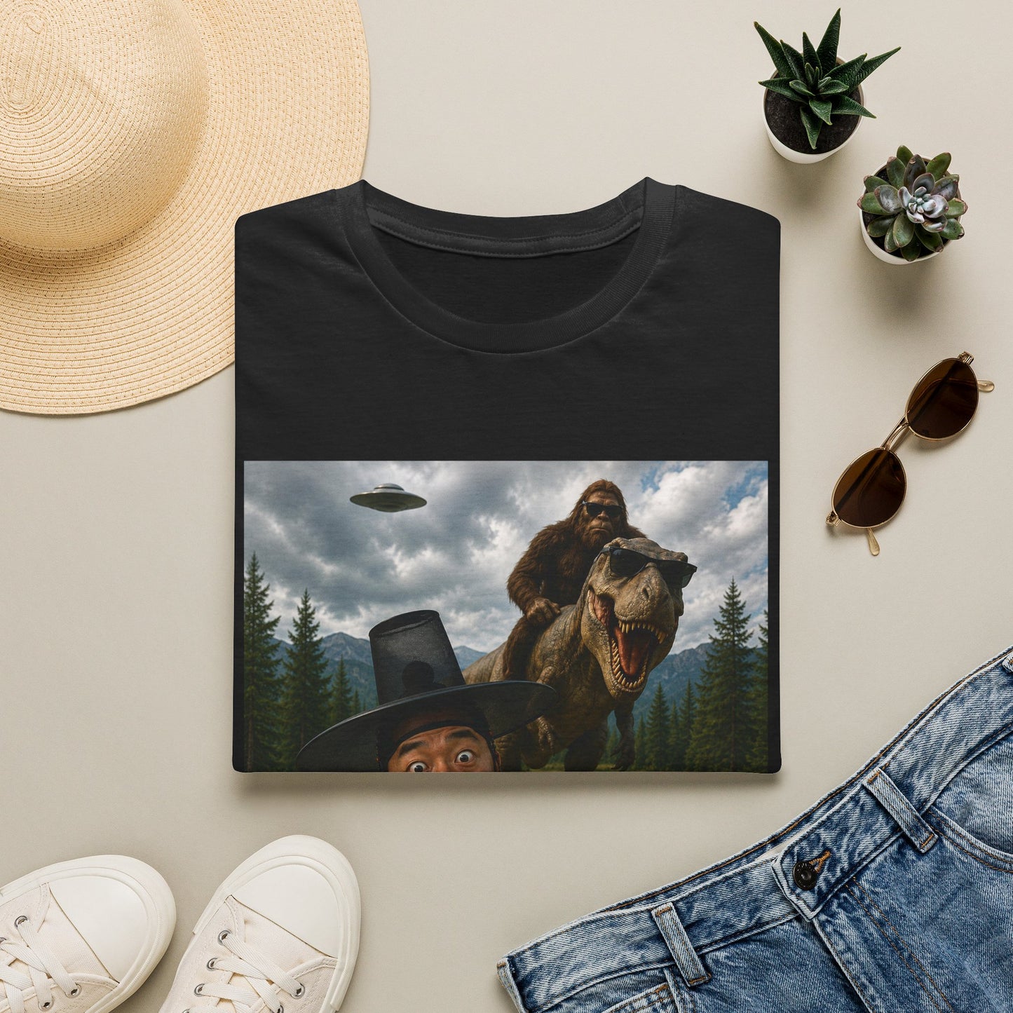 Funny Bigfoot Selfie T-Shirt — UFO, T-Rex & Sasquatch Wilderness Tee
