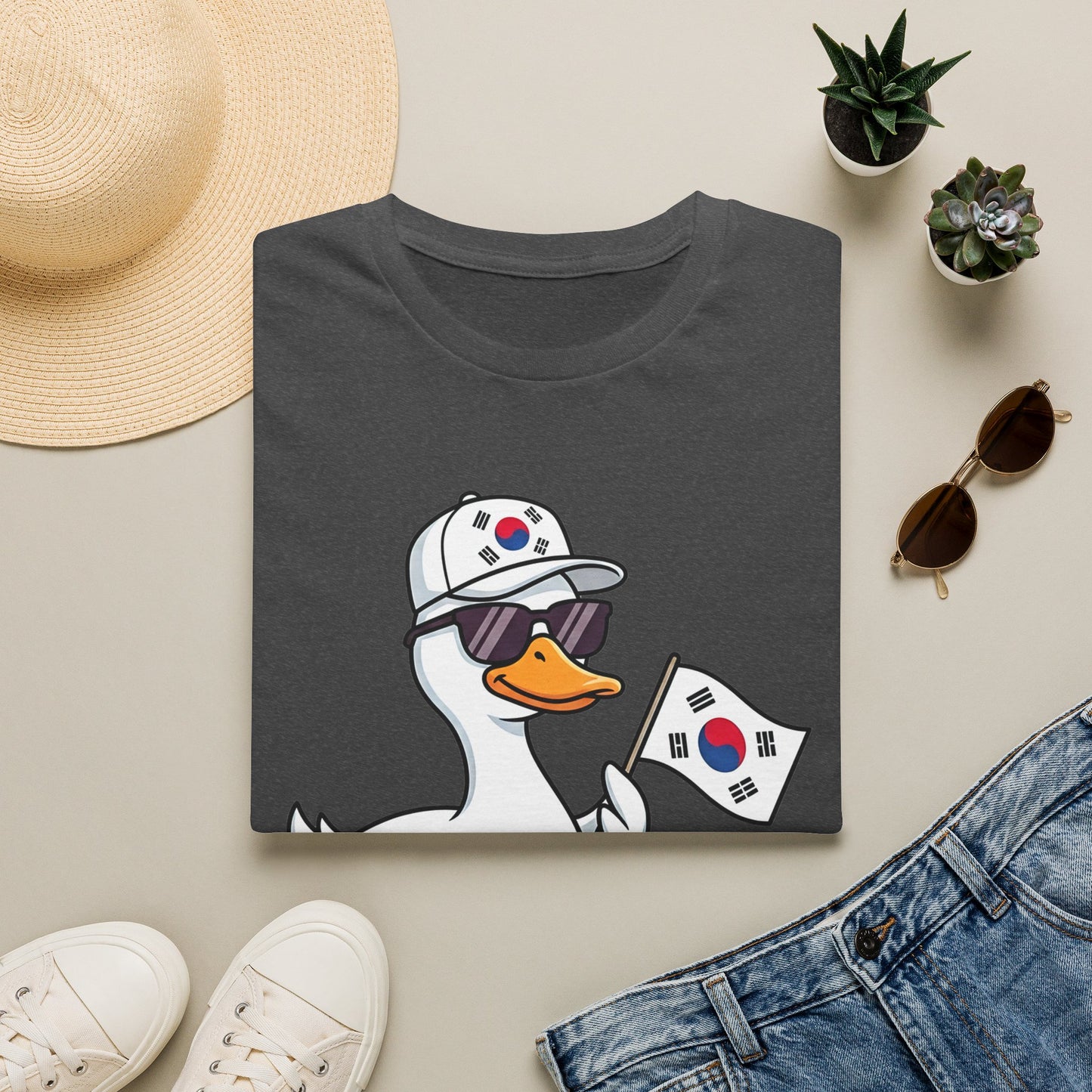 Korean Flag Duck T-Shirt — Cute Sunglasses Duck Holding South Korea Flag