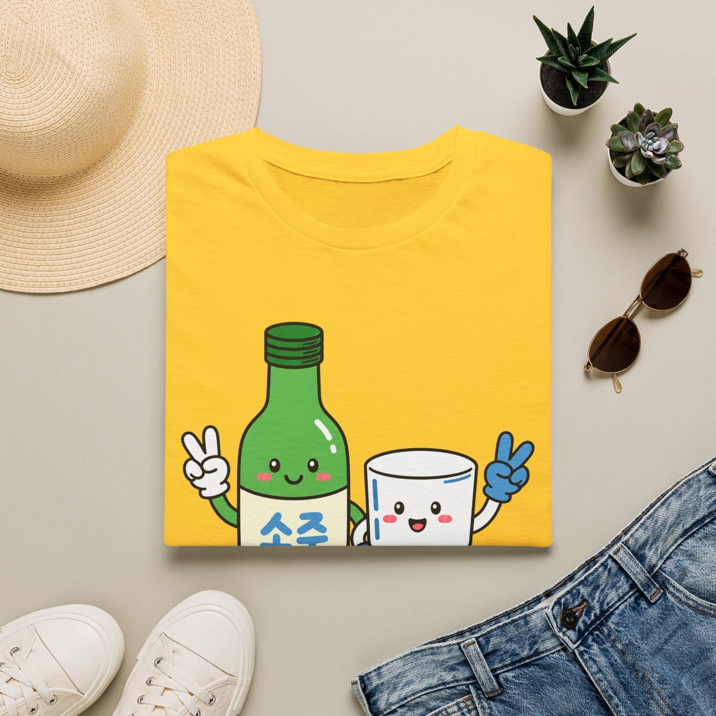 Soju & Shot Glass T‑Shirt — Cute Kawaii Cheers Design (짠!)