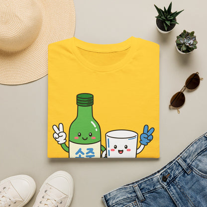 Soju & Shot Glass T‑Shirt — Cute Kawaii Cheers Design (짠!)