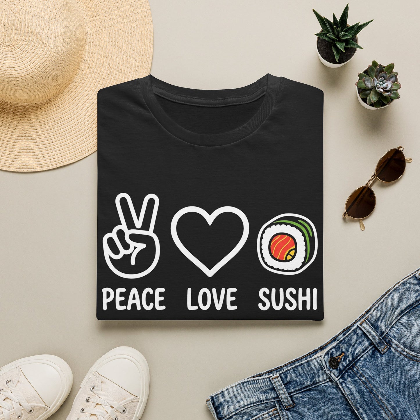 Peace Love Sushi T-Shirt — Cute Sushi Graphic Tee for Foodies