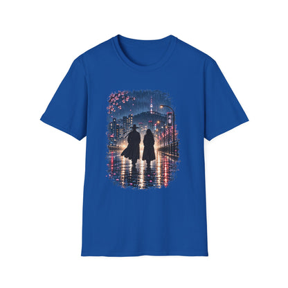 Romantic Night Stroll T-Shirt — Couple Silhouette Under Cherry Blossoms