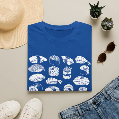 Sushi Pattern T-Shirt — White Hand-Drawn Sushi Icons Tee