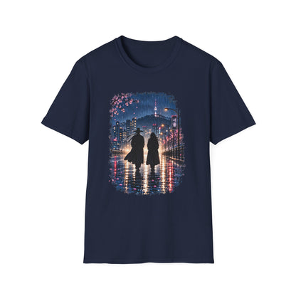 Romantic Night Stroll T-Shirt — Couple Silhouette Under Cherry Blossoms