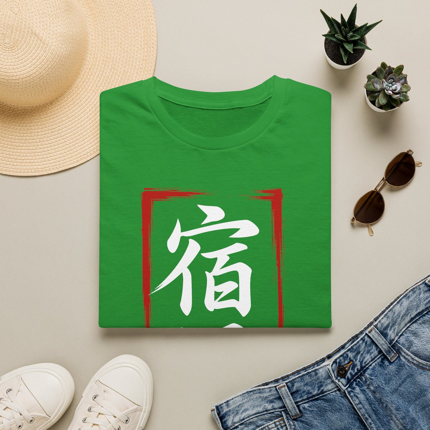 Kanji 'Fate' Graphic T-Shirt — Japanese 宿縁 Red Brushstroke Design
