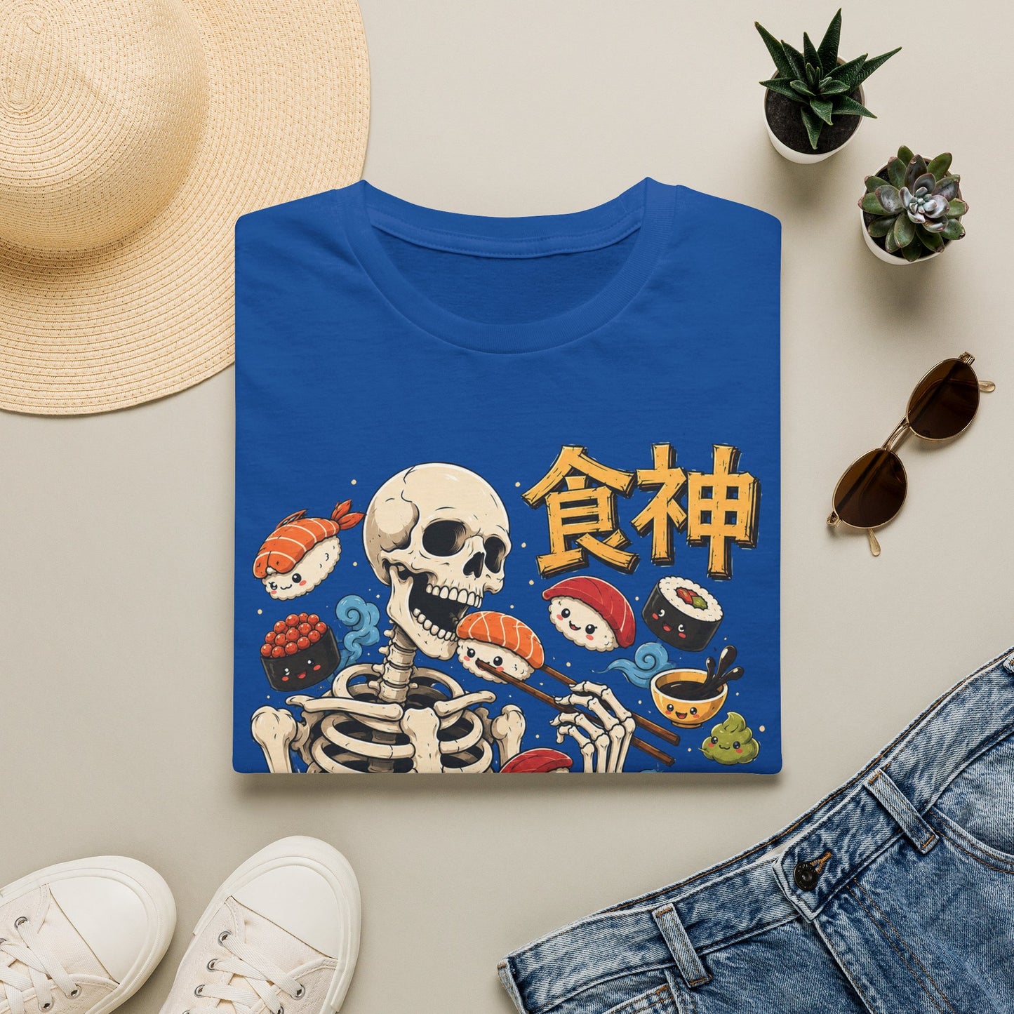 Sushi God T-Shirt — Skeleton Eating Sushi Graphic Tee (Japanese 食神 寿司)