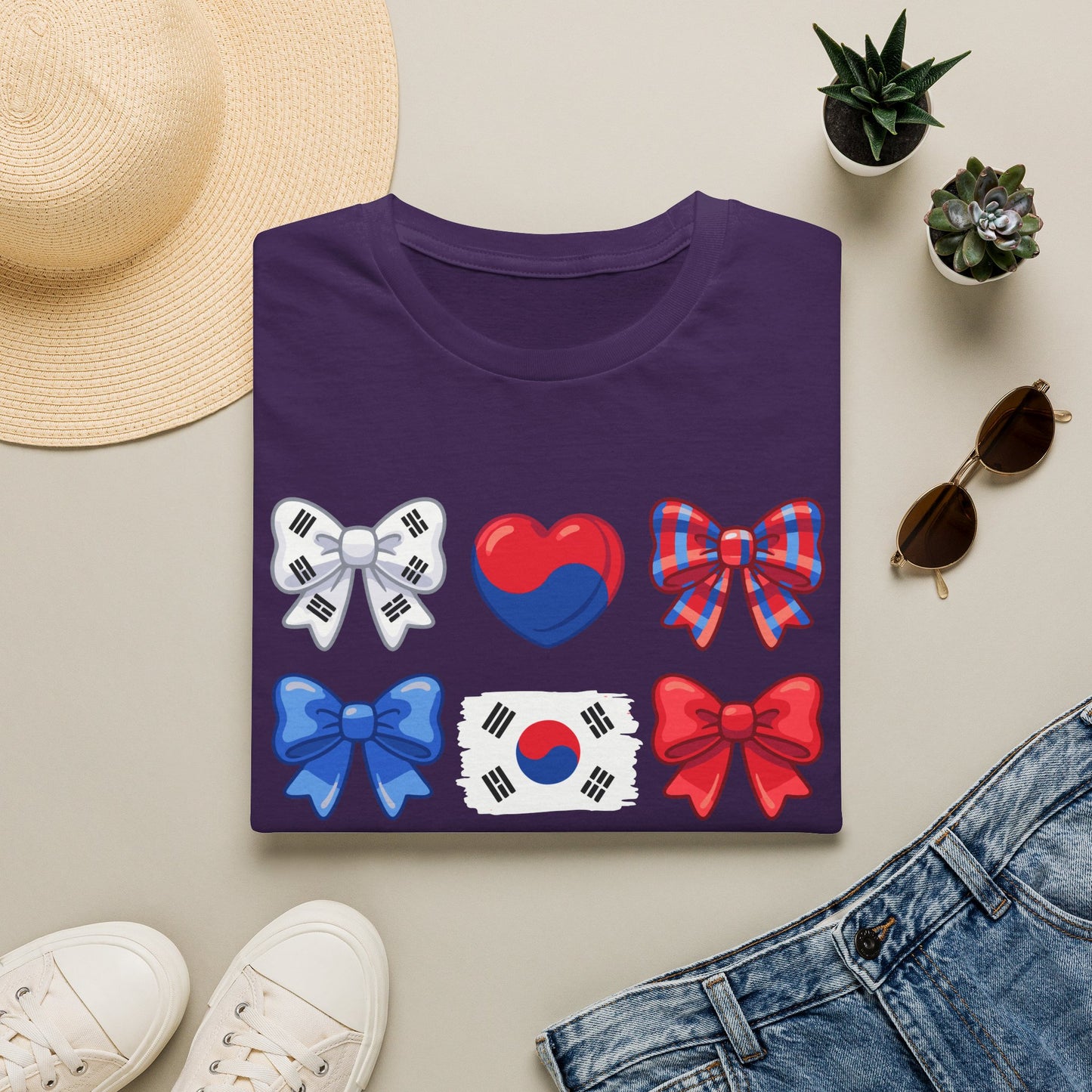 South Korea Bow Graphic T‑Shirt — Korean Flag Heart & Ribbon Design