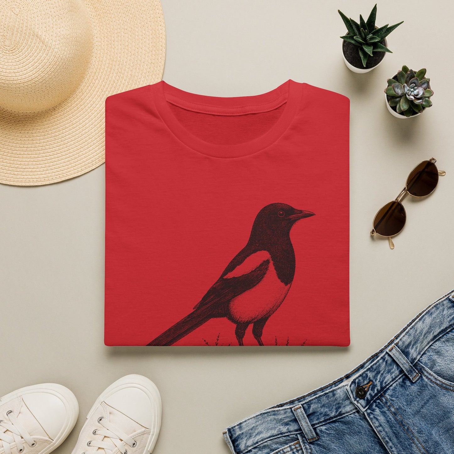 Magpie Illustration T‑Shirt — 까치 (Kkachi) Korean Bird Graphic Tee