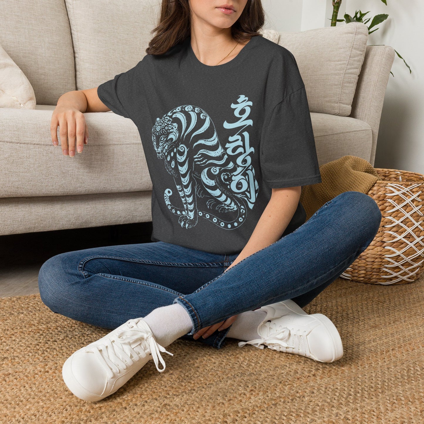 Korean Tiger Graphic T‑Shirt — Stylized Blue Tiger with Hangul Accent