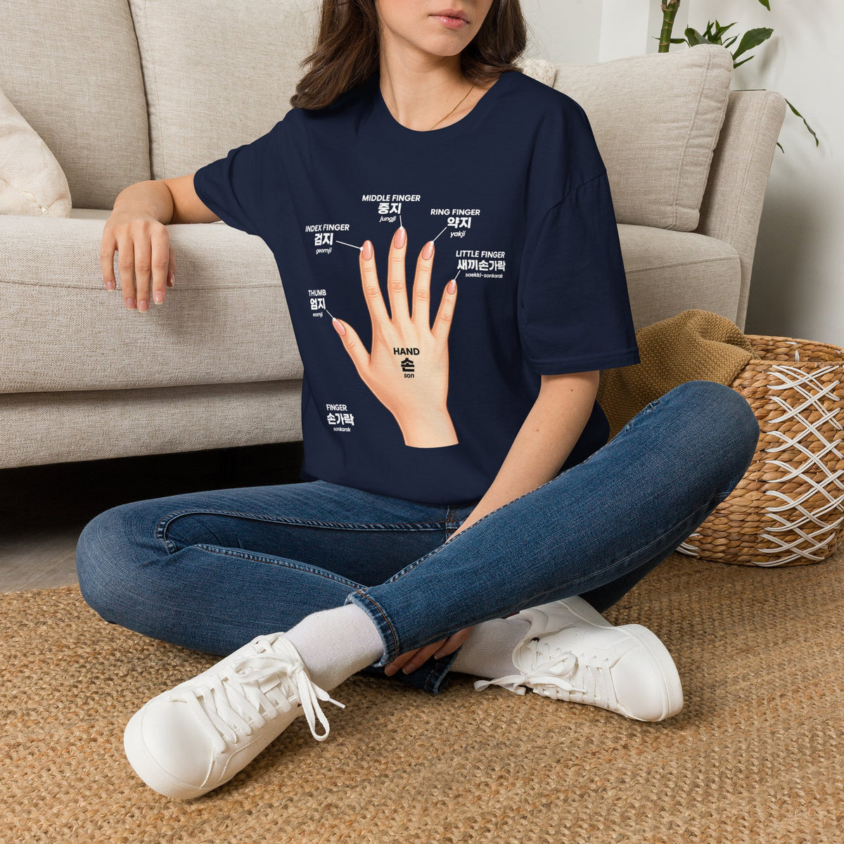Korean Finger Labels T-Shirt — Hand Anatomy Graphic Tee (Index, Middle, Ring, Pinky, Thumb)