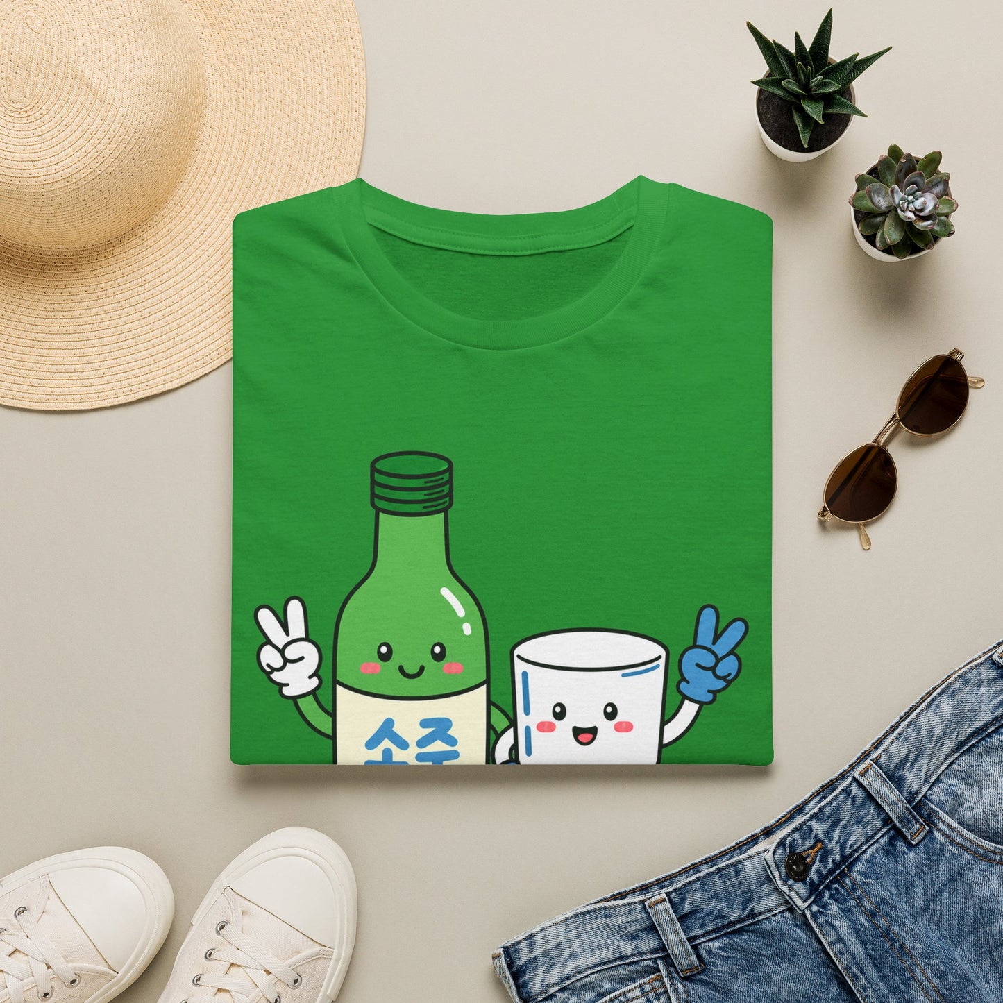 Soju & Shot Glass T‑Shirt — Cute Kawaii Cheers Design (짠!)