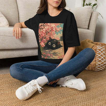 Cherry Blossom Cat T-Shirt — Cute Black Cat Under Sakura Scene