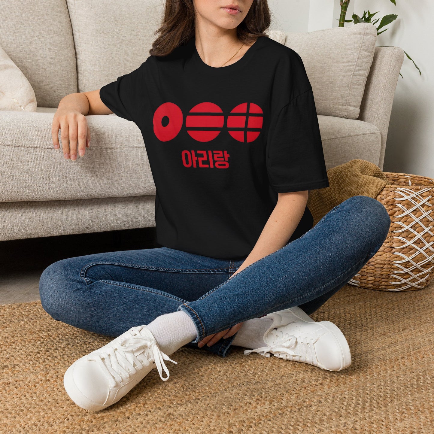 T-Shirt — Korean Arirang Graphic Tee (Red Retro Symbols)