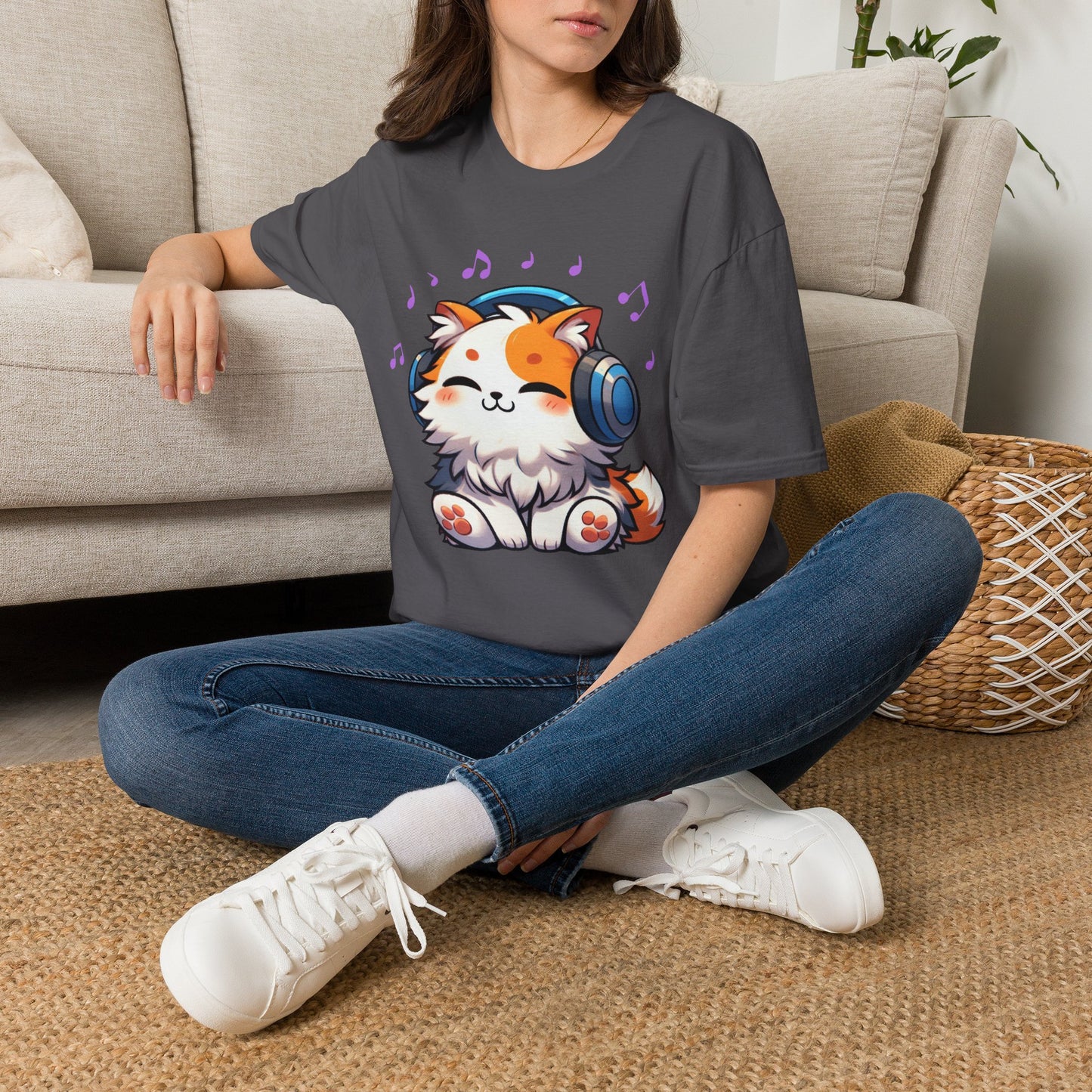 Cute Cat Music Lover T-Shirt - Unisex Softstyle Tee with Headphones and Musical Notes