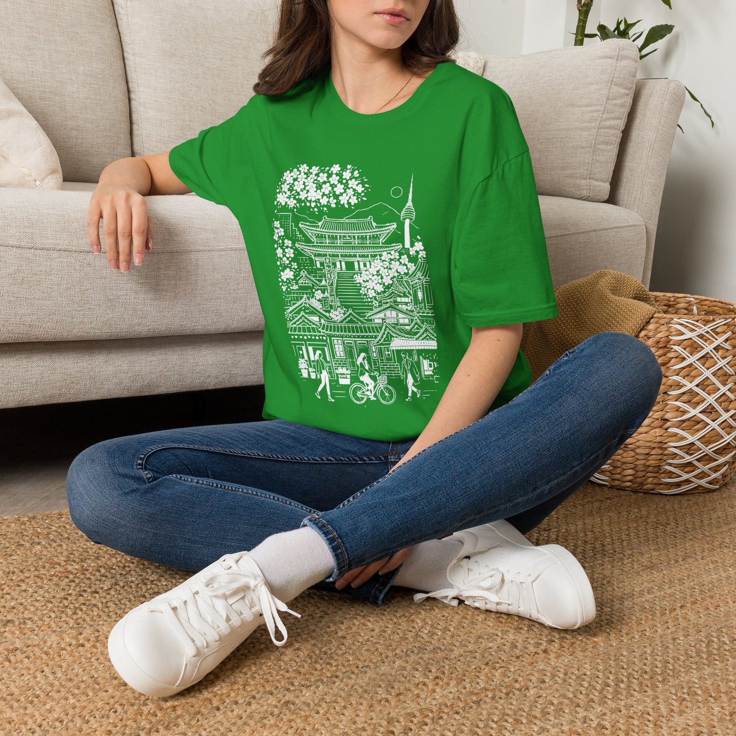 Korean Temple & Cherry Blossom T-Shirt — Seoul Pagoda Skyline Tee