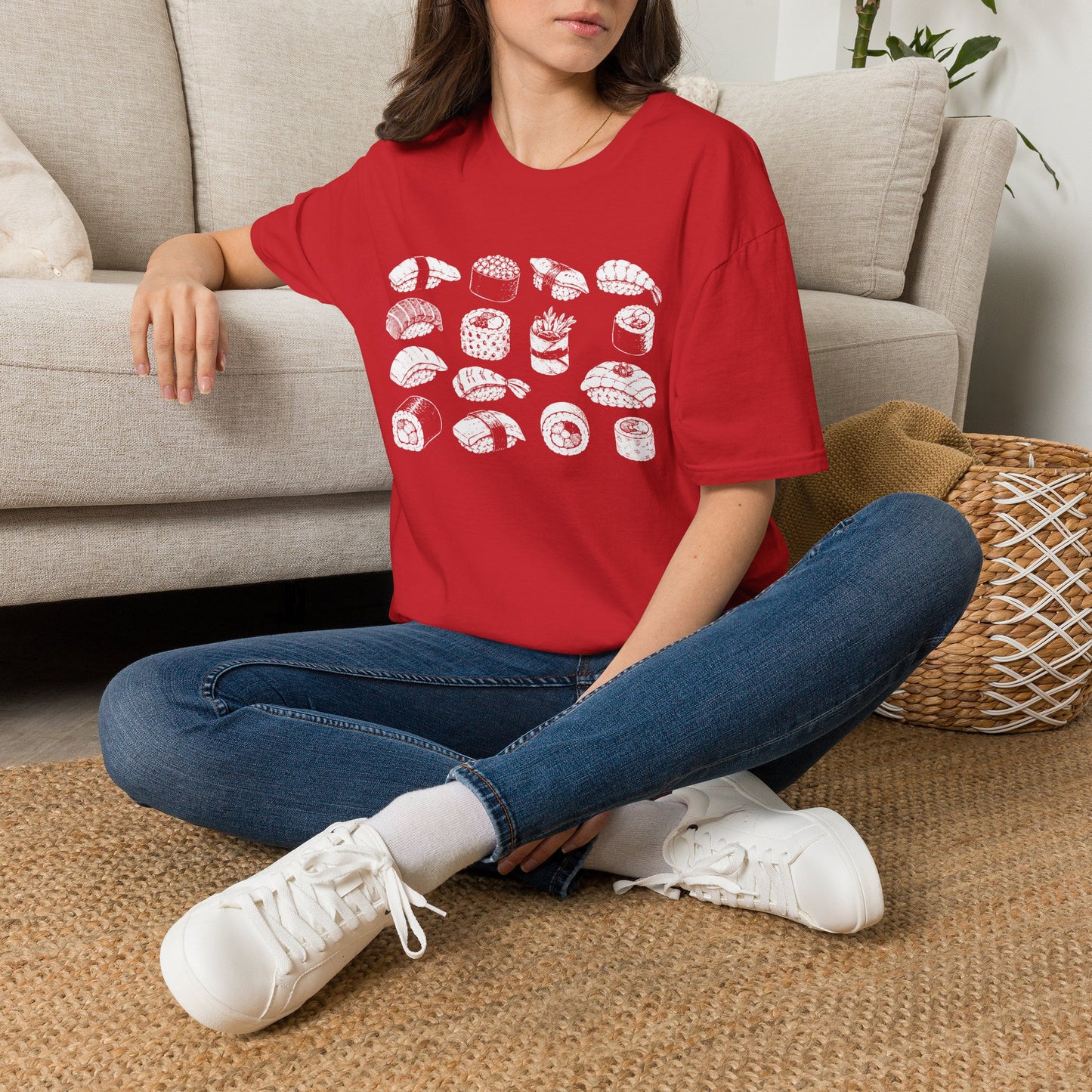 Sushi Pattern T-Shirt — White Hand-Drawn Sushi Icons Tee