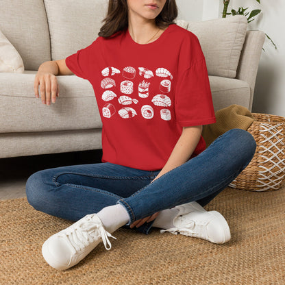 Sushi Pattern T-Shirt — White Hand-Drawn Sushi Icons Tee