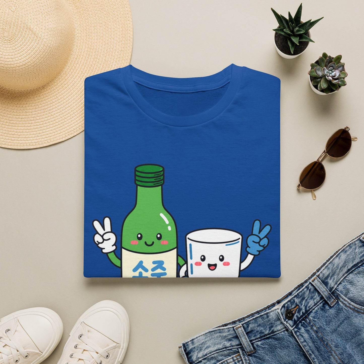 Soju & Shot Glass T‑Shirt — Cute Kawaii Cheers Design (짠!)