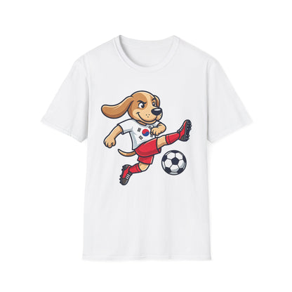 Kids’ Soccer Dog T-Shirt — Cute Cartoon Puppy Kicking Ball (Korean Flag Jersey)